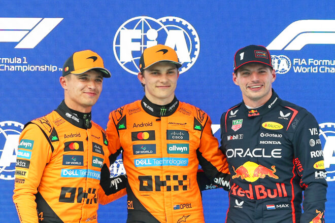 2025年F1第9戦スペインGP　予選PPのオスカー・ピアストリ（マクラーレン）、2番手ランド・ノリス（マクラーレン）、3番手マックス・フェルスタッペン（レッドブル）